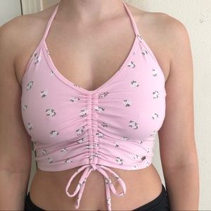 Hollister pink flowery synched cropped tank M